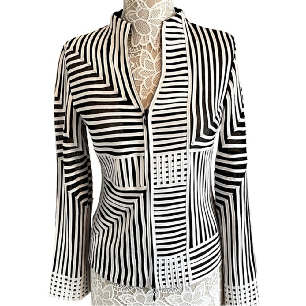 T&W Designs Zip‎ Up Jacket Blazer Blouse Black White Art Deco Mesh Stripes Small